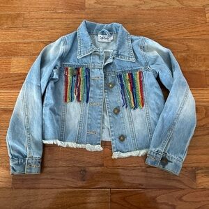 Lola + The Boys Light Blue Denim Jacket with Rainbow Fringe